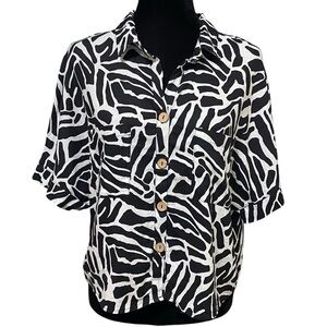 Heroes & Dreamers Zebra Print Linen Blend Boxy Short Sleeve Button Top Large